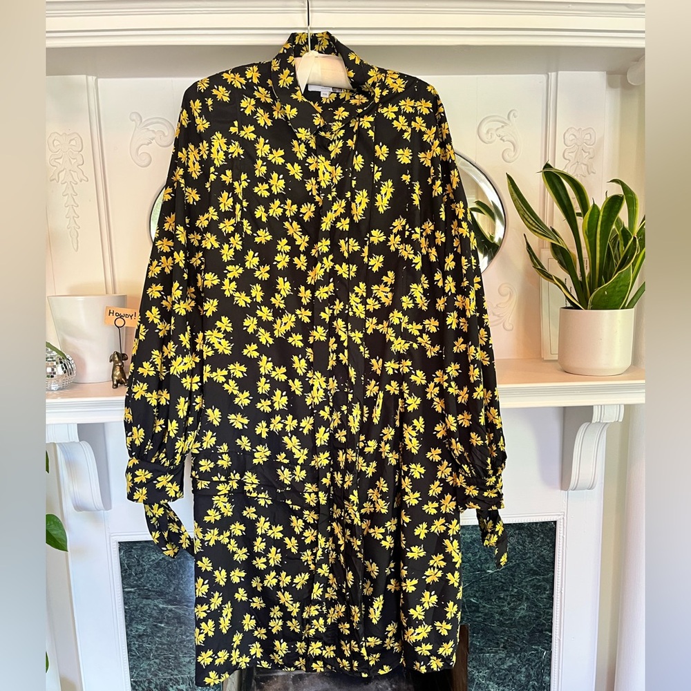 Derek Lam Black Shirt Dress with Yellow Floral Print - Size 14